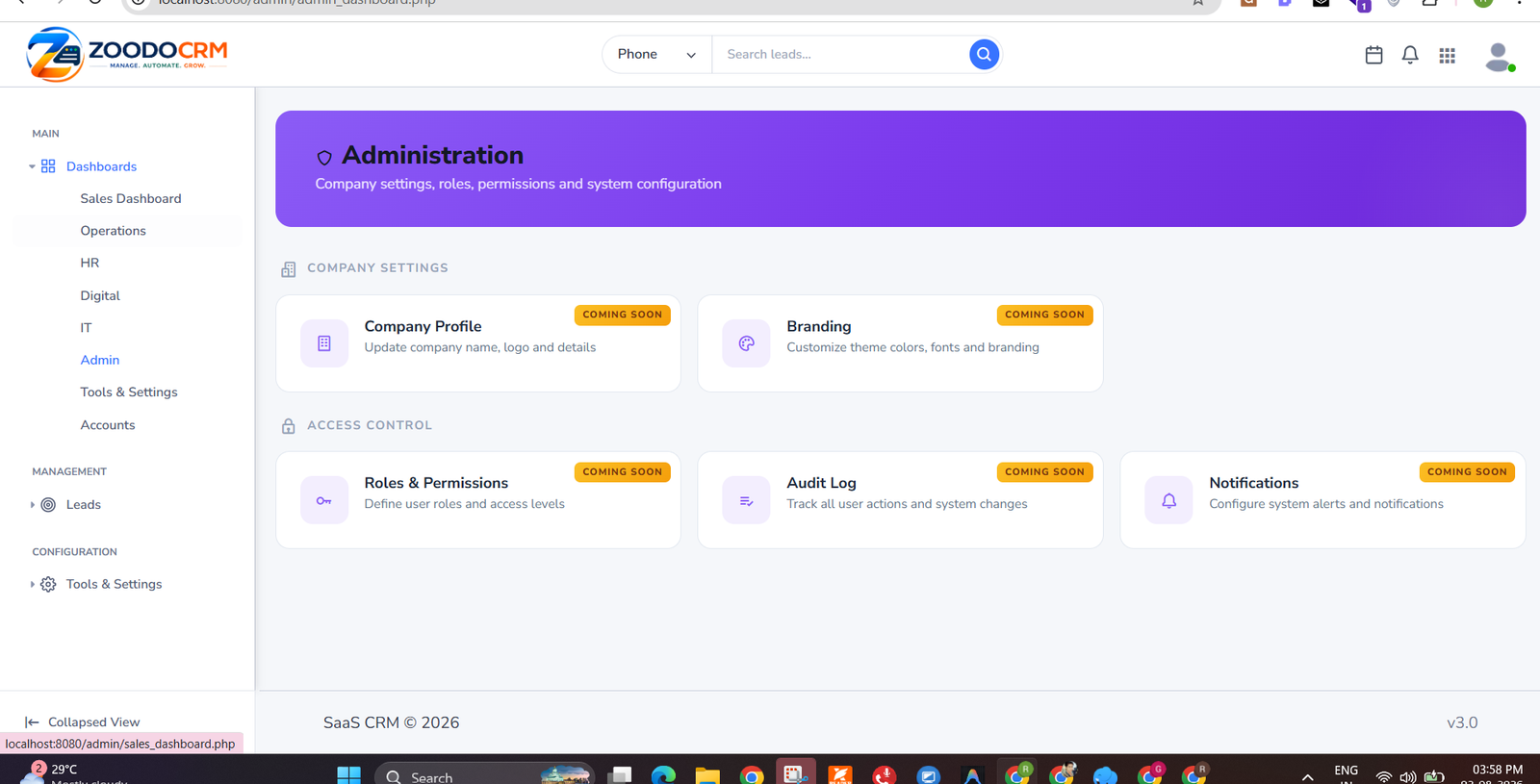 ZoodoCRM administration dashboard with company settings and access control
