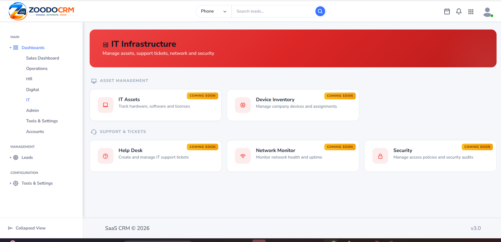 ZoodoCRM IT infrastructure dashboard with asset and support modules