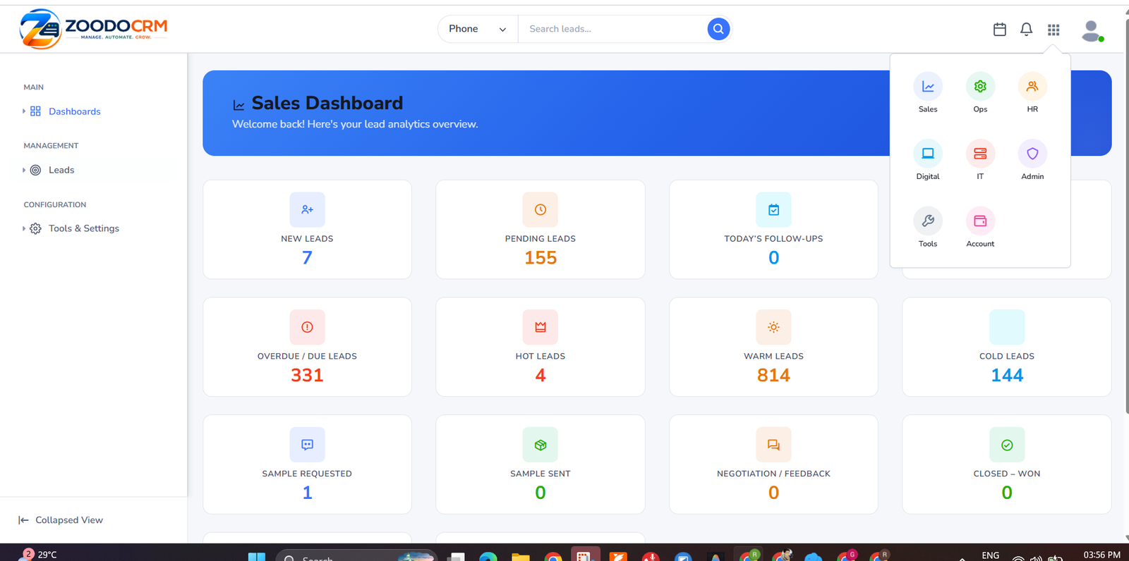 ZoodoCRM sales dashboard with lead analytics cards