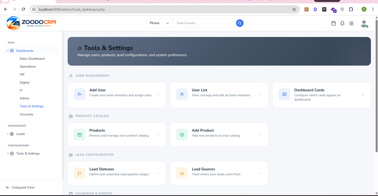 ZoodoCRM tools and settings dashboard with user and product configuration